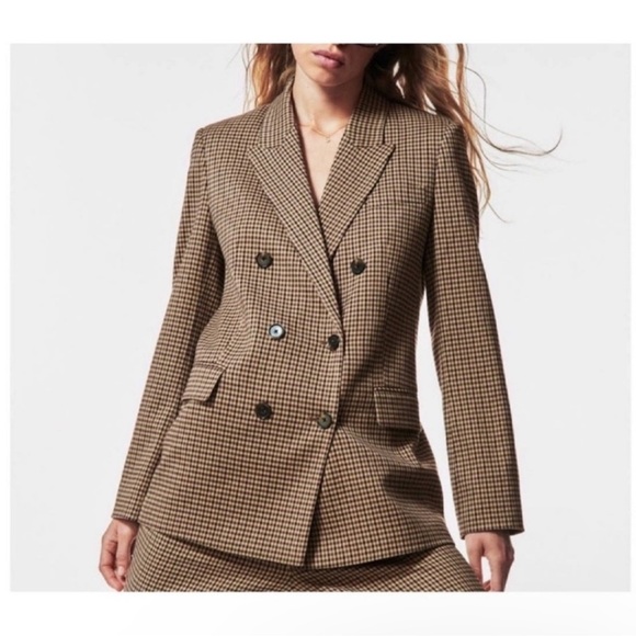 Zara Blazer Brown Check Straight Cut Notched Lapel Double Breasted Size … - Picture 1 of 13